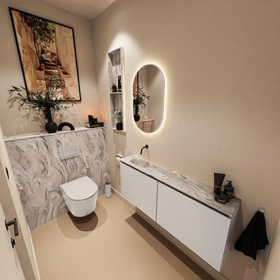 MONDIAZ TURE-DLUX Meuble de toilettes 120 cm Linen. Lavabo EDEN Glace position gauche. Sans trou de robinet.
