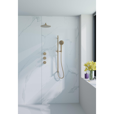 Fortifura Nebbio Ensemble de douche pluie - robinet encastré - corps encastré - barre coulissante - flexible de douche lisse - douchette ronde - bras mural 35cm - pomme de douche ronde - laiton brossé PVD (or)