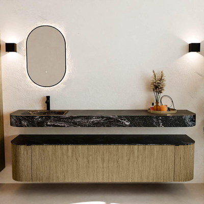 MONDIAZ THOR-DLUX 200cm meuble de salle de bains arrondi gauche + droite couleur Dusk avec 2 tiroirs et 2 portes. Vasque suspendue CLOUD Gauche 1 trou de robinet couleur Lava.