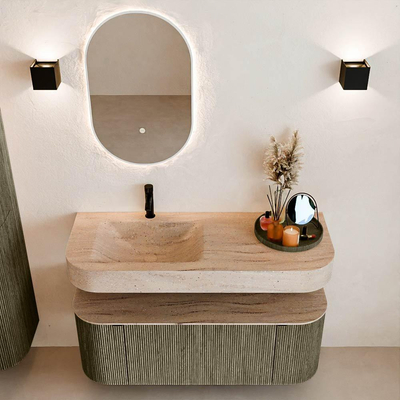 MONDIAZ THOR-DLUX 120cm meuble de salle de bains arrondi gauche + droite couleur Shadow avec 1 tiroir et 2 portes. Vasque suspendue CLOUD Gauche 1 trou de robinet couleur Saba.