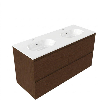 Saniclass Holz Pure Ensemble de meuble de salle de bains - 120x45x74cm - Vasque Chaci en céramique blanche - 2 vasques - 2 trous de robinetterie - 4 tiroirs - walnut pure mat (bois)