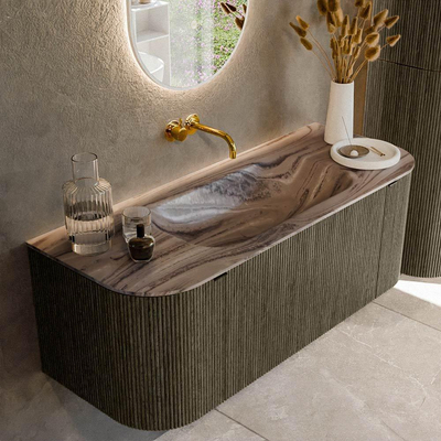 MONDIAZ KURVE-DLUX Meuble de salle de bains 120cm arrondi gauche + droite couleur Shadow avec 1 tiroir et 2 portes. Plan-vasque BIG SMALL central sans trou de robinet Sombra.