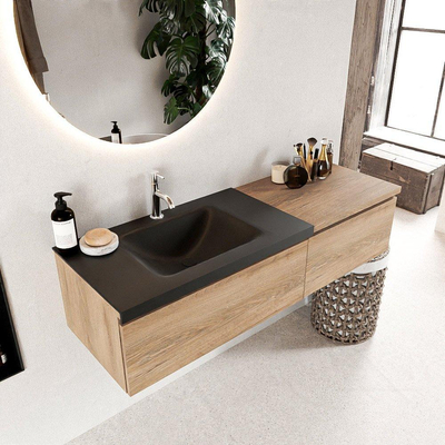 MONDIAZ BUKLA 140cm badmeubel met module 60 kleur Washed Oak met 2 lades. Wastafel CLOUD links 1 kraangat kleur Urban.