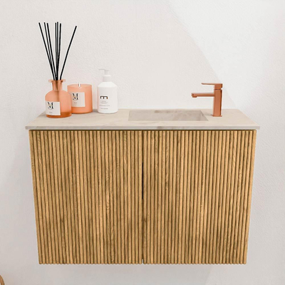 Mondiaz JOYA-DLUX 60cm toiletmeubel - kleur Oak - Wastafel FAYE positie Rechts 1 kraangat kleur Frappe.