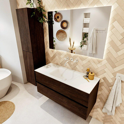 Mondiaz VICA ensemble de meuble de salle de bain - 110cm - meuble sous-vasque marron foncé - 2 tiroirs - lavabo cloud milieu - sans trous de robinet - couleur talc - miroir LED - version XL 60cm de haut