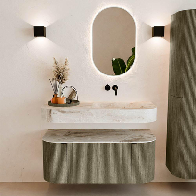 MONDIAZ THOR-DLUX Meuble de salle de bains 110cm arrondi gauche + droite couleur Shadow avec 1 tiroir et 2 portes. Vasque suspendue CLOUD Droite sans trou de robinet couleur Frappe.