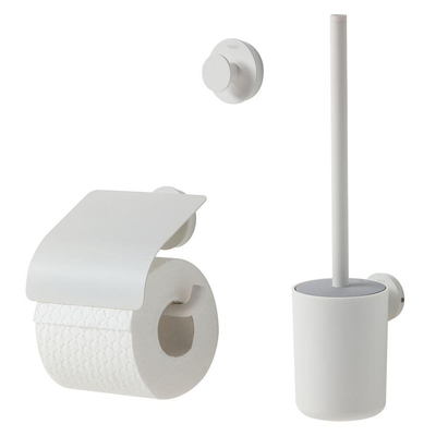 Tiger Urban Ensemble d'accessoires de toilette - Brosse de toilette avec support - Porte-rouleau de papier toilette avec couvercle - Crochet pour serviette - Blanc