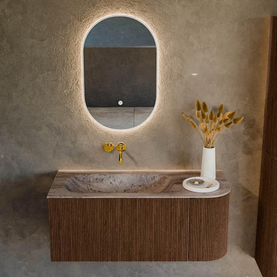 MONDIAZ KURVE-DLUX meuble de salle de bains 105cm arrondi à droite couleur Walnut avec 1 tiroir et 1 porte. Lavabo BIG SMALL à gauche sans trou de robinet Oza.