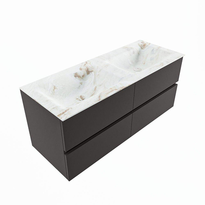 Mondiaz VICA-DLUX ensemble de meuble de salle de bain - 120cm - meuble sous-vasque gris foncé - 4 tiroirs - lavabo encastré cloud double - sans trous de robinet - version haute de 60cm - frape