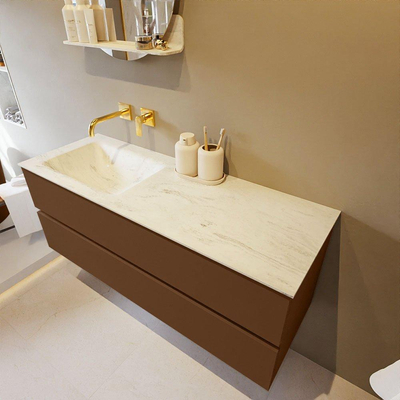 Mondiaz VICA-DLUX ensemble de meuble de salle de bain - 130cm - meuble sous-vasque repos - 2 tiroirs - lavabo encastrée cloud gauche - sans trous de robinet - version haute de 60cm - opalo