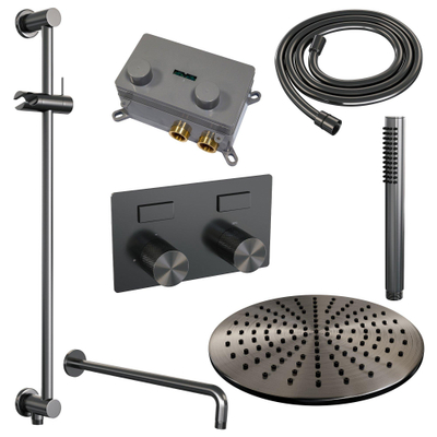 BRAUER gunmetal Carving Thermostatische Regendouche inbouw - drukknoppen - SET 64 - 30cm hoofddouche - gebogen muurarm - staaf handdouche - doucheslang - geïntegreerde glijstang - gunmetal geborsteld PVD