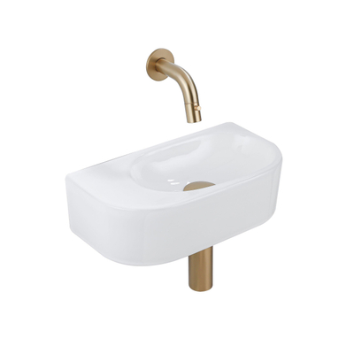 QeramiQ Fuente Ensemble de Lavabo - 40x21.5x12cm - lisse - demi-rond - céramique - ensemble de robinet en laiton brossé - bouchon de vidange - siphon réduit - blanc brillant