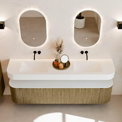 MONDIAZ THOR 190cm meuble de salle de bains arrondi gauche + droite couleur Dusk avec 2 tiroirs et 2 portes. Vasque suspendue CLOUD Double sans trou de robinet couleur Talc.