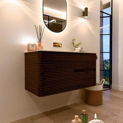Mondiaz CIRO-DLUX Badkamermeubelset - 100x45x50cm - Solid surface wastafel Meli - 1 wasbak Midden - zonder kraangaten - 2 lades - Walnut
