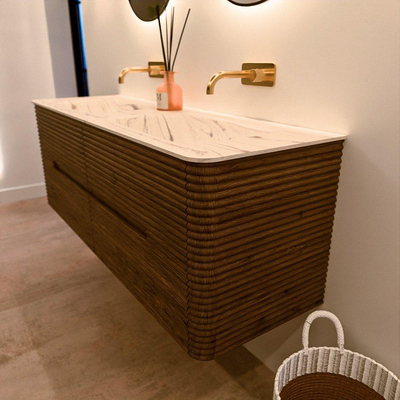 Mondiaz CIRO-DLUX Badkamermeubelset - 140x45x50cm - Solid surface wastafel Nata - 2 wasbak Dubbel - zonder kraangaten - 4 lades - Dusk