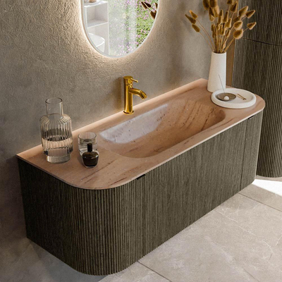 MONDIAZ KURVE-DLUX Meuble de salle de bains 120cm arrondi Gauche + Droite couleur Shadow avec 1 tiroir et 2 portes. Lavabo BIG SMALL Milieu 1 trou de robinet Saba.