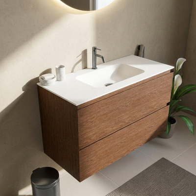 Saniclass Holz Pure Ensemble de meubles de salle de bains - 100x45x61.5cm - Vasque Flow en Solid Surface blanc - 1 vasque - 1 trou de robinetterie - 2 tiroirs - walnut pure mat (bois)