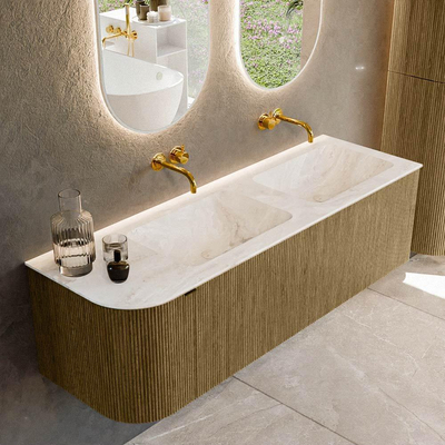 Mondiaz KURVE-DLUX Ensemble de meubles de salle de bains - 145x46x40cm - 1 tiroir - 1 porte - lavabo solid surface - double / droit - sans trou de robinet - Dusk