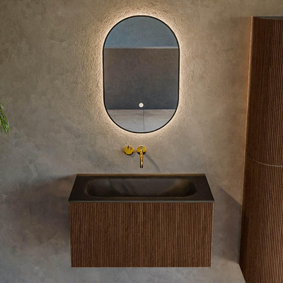 MONDIAZ KURVE 80cm Meuble salle de bain - couleur Walnut - 1 tiroir - vasque BIG SMALL centre - sans trous de robinet - Urban