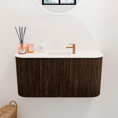 Mondiaz JOYA 83.2cm toiletmeubel - ronding links en rechts kleur Walnut - Wastafel FAYE positie Midden 1 kraangat kleur Talc.