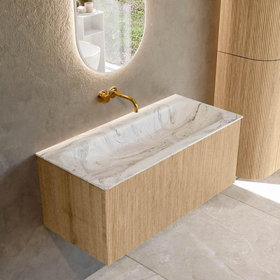 MONDIAZ KURVE-DLUX 100cm Meuble salle de bain - couleur Oak - 1 tiroir - vasque BIG MEDIUM centre - sans trou de robinet - couleur Glace