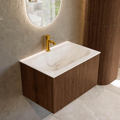 MONDIAZ KURVE-DLUX 70cm badmeubel kleur Walnut met 1 lade. Wastafel BIG SMALL midden 1 kraangat kleur Frappe.