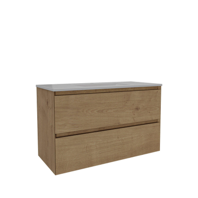 Saniclass Holz Atelier Ensemble de meubles de salle de bains - 100x45x62cm - Lavabo en céramique Vygo - 1 vasque - 1 trou de robinet - avec trop-plein - 2 tiroirs - chêne natural mat (bois)