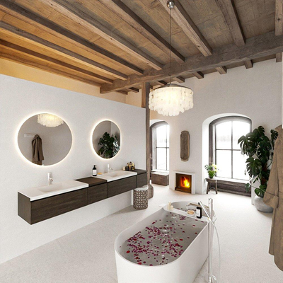 MONDIAZ BUKLA 240cm ensemble de meuble avec module 40 gauche couleur Marron Foncé avec 4 tiroirs. Lavabo CLOUD double 2 trous de robinet couleur Talc.