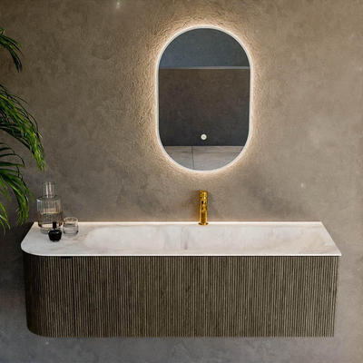 Mondiaz KURVE-DLUX Ensemble meuble de salle de bains - 145x46x40cm - 1 tiroir - 1 porte - lavabo solid surface - droit - 1 trou de robinet - Shadow
