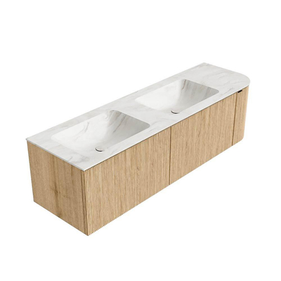 MONDIAZ KURVE-DLUX 155cm Meuble salle de bain avec module 25 D - couleur Oak - 2 tiroirs - 1 porte - vasque LEAF double / gauche - 2 trous de robinet - couleur Ostra