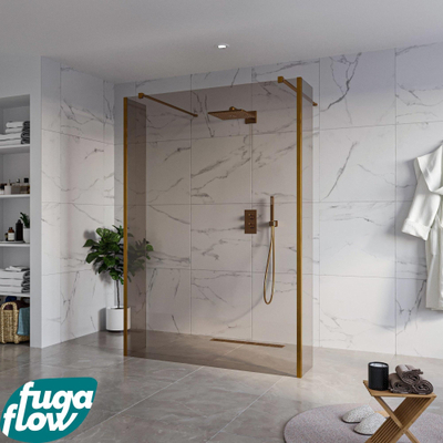FugaFlow Eccelente Vetro Vrijstaande inloopdouche badkamer - 140x200cm - Rookglas - antikalk - 8mm veiligheidsglas - 2 zijwanden 30cm - met wandarmen en hoekprofielen - Koper geborsteld -