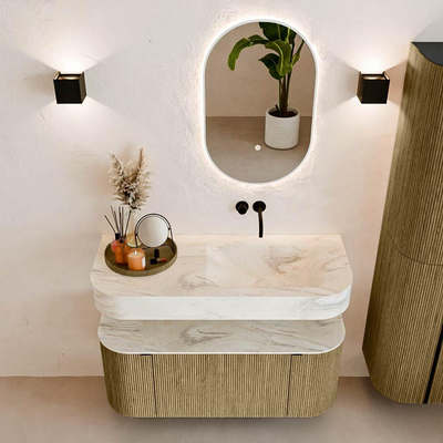 MONDIAZ THOR-DLUX Meuble de salle de bains 110cm arrondi gauche + droite couleur Dusk avec 1 tiroir et 2 portes. Vasque suspendue CLOUD Droite sans trou de robinet couleur Ostra.