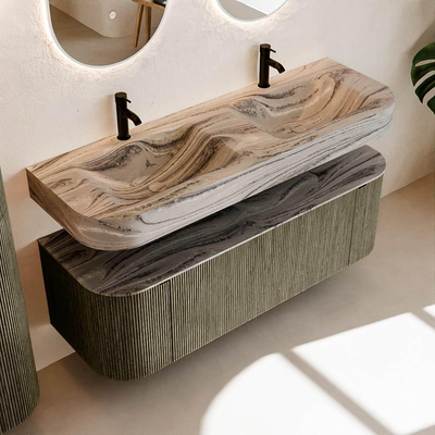 MONDIAZ THOR-DLUX 140cm meuble de salle de bains arrondi gauche + droite couleur Shadow avec 1 tiroir et 2 portes. Vasque suspendue CLOUD Double 2 trous de robinet couleur Sombra.