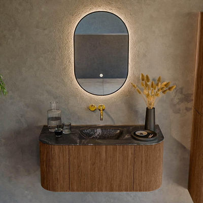 MONDIAZ KURVE-DLUX 100cm Meuble salle de bain avec module 25 G et D - couleur Walnut - 1 tiroir - 2 portes - vasque GRUNNE centre - sans trou de robinet - couleur Lava