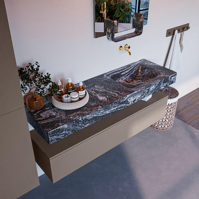 Mondiaz ALAN-DLUX Ensemble de meuble - 150cm - meuble Smoke mat - 1 tiroir - Lavabo Cloud Lava suspendu - vasque droite - 0 trous de robinet