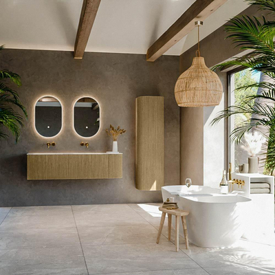 Mondiaz KURVE-DLUX Ensemble de meuble salle de bain - 155x46x40cm - 2 tiroirs - 1 porte - lavabo en solid surface - double / gauche - sans trou de robinet - Dusk