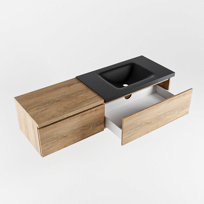 MONDIAZ BUKLA meuble de salle de bain 140 cm avec module 60 couleur Chêne blanchi avec 2 tiroirs. Lavabo CLOUD à droite 0 trous de robinet couleur Urbaine.
