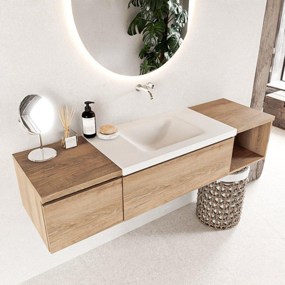 MONDIAZ BUKLA meuble de salle de bains 160 cm avec module ouvert 40 à droite couleur Washed Oak avec 2 tiroirs. Lavabo CLOUD central 0 trous de robinet couleur Talc.
