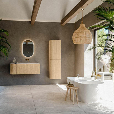 MONDIAZ KURVE Meuble de salle de bains 115 cm avec module 25 L couleur Oak avec 1 tiroir et 1 porte. Lavabo BIG SMALL à droite sans trou de robinet Talc.