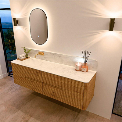 Mondiaz CIRO-DLUX Ensemble de meubles de salle de bains - 170x45x50cm - plan vasque en solid surface Opalo - 1 vasque à gauche - sans trous de robinet - 4 tiroirs - Chêne