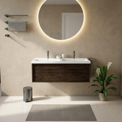 Saniclass Holz Frame Ensemble de meuble de salle de bains - 120x45x43.5cm - lavabo Bari en céramique blanc - 2 vasques - 2 trous de robinetterie - 1 tiroir - chêne charcoal mat (bois)
