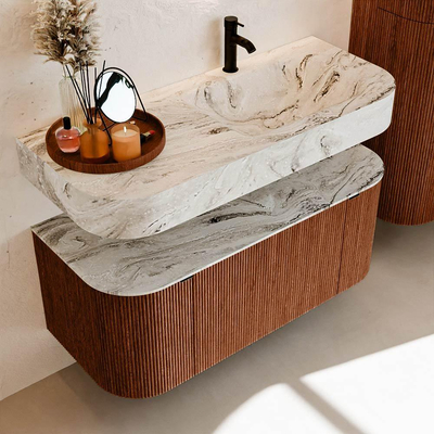 MONDIAZ THOR-DLUX 110cm badmeubel ronding links + rechts kleur Ruby met 1 lade en 2 deuren. Vrijhangende wastafel CLOUD Rechts 1 kraangat kleur Glace.