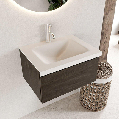 Mondiaz bukla ensemble de meubles de salle de bain 60x45x34cm 1 trou pour robinetterie lavabo milieu surface solide talc sans poignée 1 tiroir avec softclose mélamine marron foncé