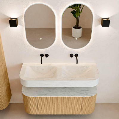 MONDIAZ THOR-DLUX 120cm badmeubel ronding links + rechts kleur Oak met 1 lade en 2 deuren. Vrijhangende wastafel CLOUD Dubbel zonder kraangat kleur Opalo.
