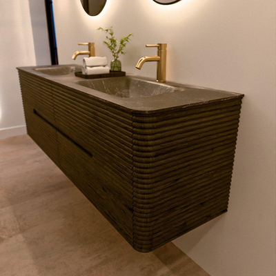 Mondiaz CIRO-DLUX Badkamermeubelset - 160x45x50cm - Solid surface wastafel Lava - 2 wasbak Dubbel - 2 kraangaten - 4 lades - Shadow