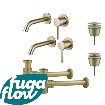 FugaFlow Eccelente Sobrado Badkamer Slim Wastafelkraanset - voor dubbele wastafel - inbouw wastafelkraan - klikwaste plug - verlaagde design sifon - PVD Geborsteld Messing