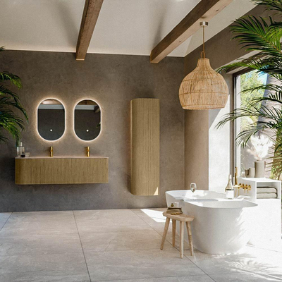MONDIAZ KURVE-DLUX Meuble de salle de bains 145 cm arrondi à gauche couleur Dusk avec 1 tiroir et 1 porte. Lavabo LEAF Double / Droite 2 trous de robinet Arena.