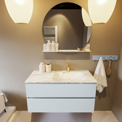 Mondiaz VICA-DLUX Ensemble de meuble de salle de bain - 100cm - meuble sous-vasque argile - 2 tiroirs - lavabo encastré nuage droite - 1 trou de robinet - version haute 60cm - glace