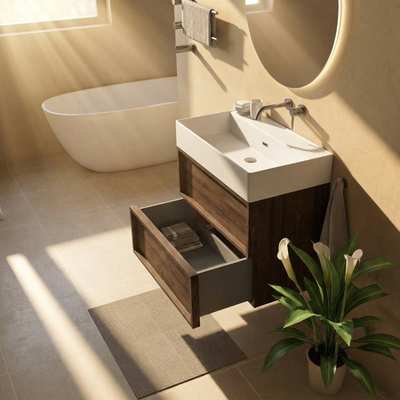 Saniclass Holz Frame Ensemble de meubles de salle de bains - 80x45x72cm - Legend lavabo en céramique blanc mat - 1 vasque - sans trou de robinetterie - 2 tiroirs - chêne charcoal mat (bois)
