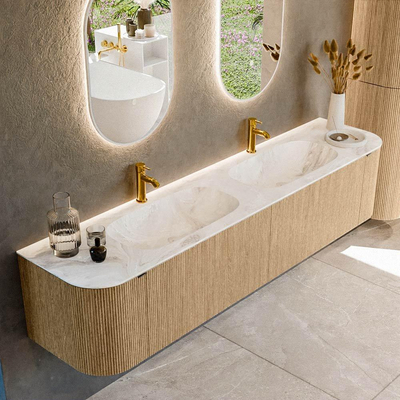 MONDIAZ KURVE-DLUX 200cm badmeubel met module 25 Len R kleur Oak met 2 lades en 2 deuren. Wastafel STOR SMALL dubbel 2 kraangaten kleur Frappe.